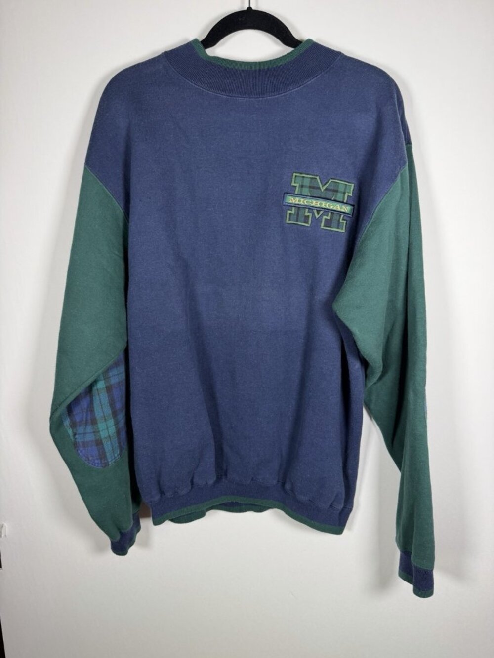 Vintage 90s Genus Michigan Wolverines green blue plaid mockneck sweatshirt XL